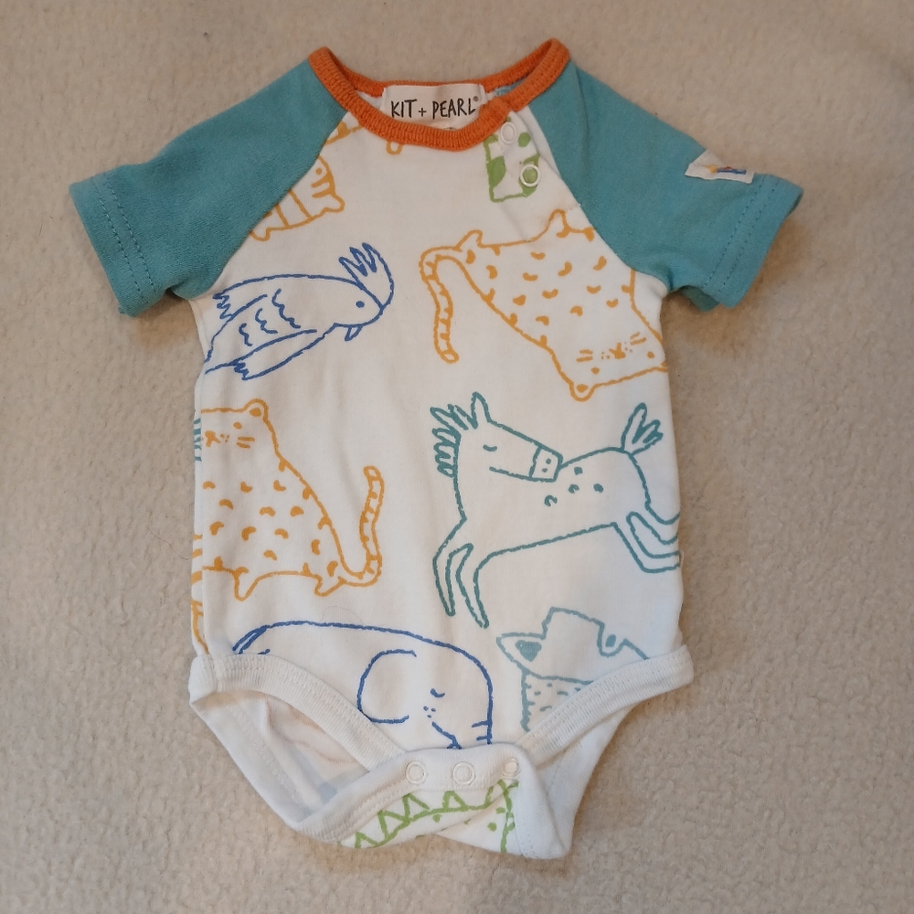 White Animal Print Baby Bodysuit with Teal Raglan Sleeves
